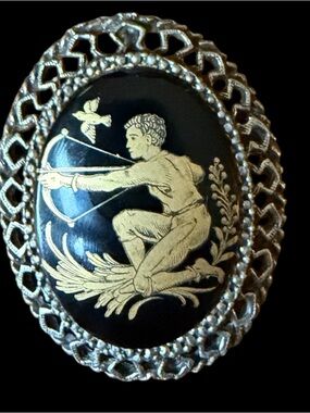MCM Sagittarius Kneeling Archer gold on black enamel brooch/pendant
